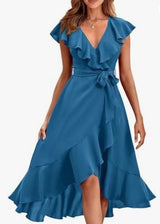 Women's V - Neck Short Ruffle Sleeves Dress - Weriion