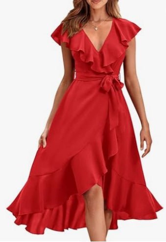 Women's V - Neck Short Ruffle Sleeves Dress - Weriion