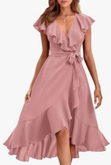 Women's V - Neck Short Ruffle Sleeves Dress - Weriion