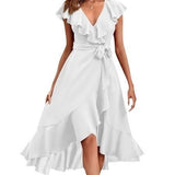 Women's V - Neck Short Ruffle Sleeves Dress - Weriion