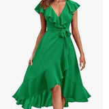 Women's V - Neck Short Ruffle Sleeves Dress - Weriion