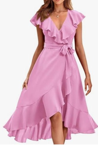 Women's V - Neck Short Ruffle Sleeves Dress - Weriion