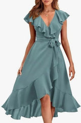 Women's V - Neck Short Ruffle Sleeves Dress - Weriion