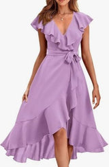 Women's V - Neck Short Ruffle Sleeves Dress - Weriion