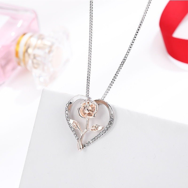 Zircon Heart Rose Silver Necklace For Women - Weriion