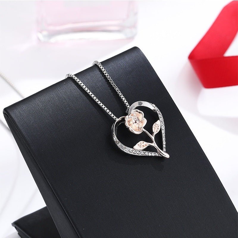 Zircon Heart Rose Silver Necklace For Women - Weriion