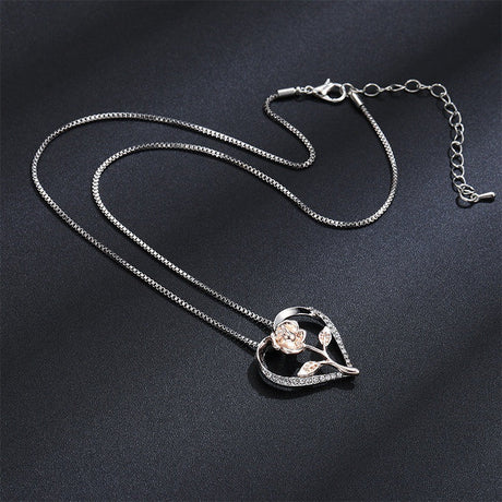 Zircon Heart Rose Silver Necklace For Women - Weriion