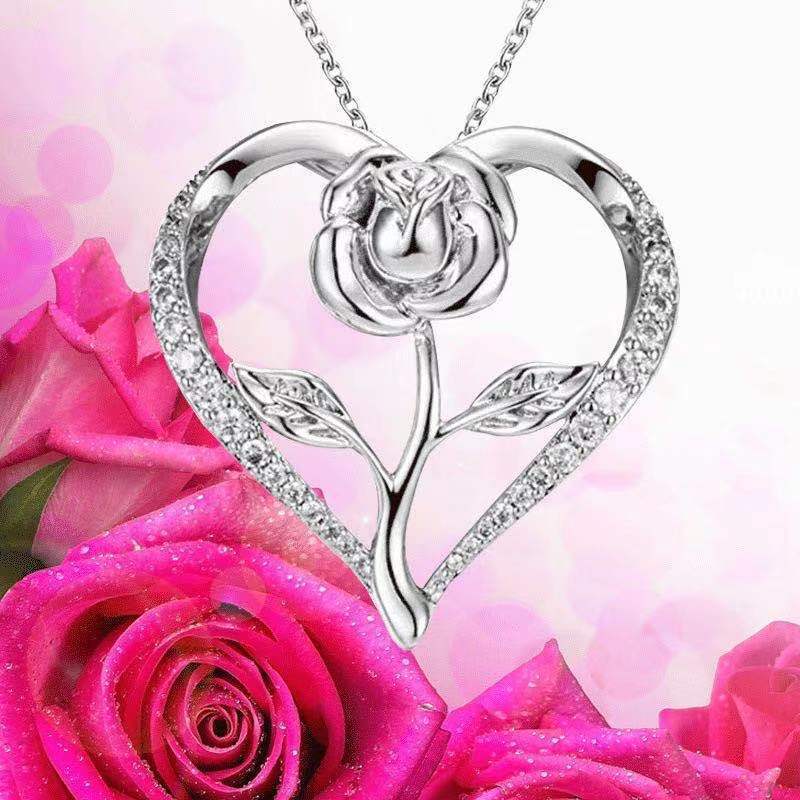 Zircon Heart Rose Silver Necklace For Women - Weriion