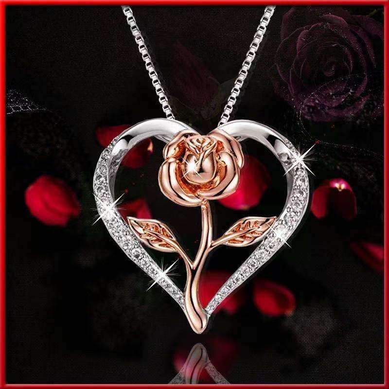 Zircon Heart Rose Silver Necklace For Women - Weriion