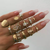 14 Pcs/set Boho Virgin Mary Gold Rings For Women Heart Cross Leaf Geometric Jewelry - Weriion