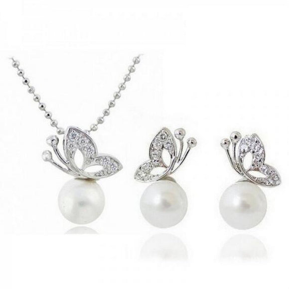 Butterfly Imitation Pearl Earrings Necklace Jewelry Set - Weriion