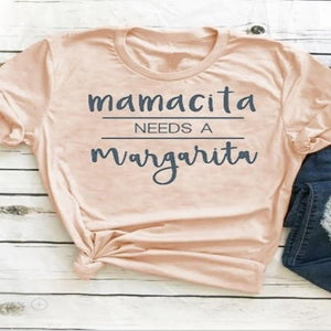 Casual Short Sleeve Funny Mamacita Needs A Margarita Print T-Shirt For Women - Weriion