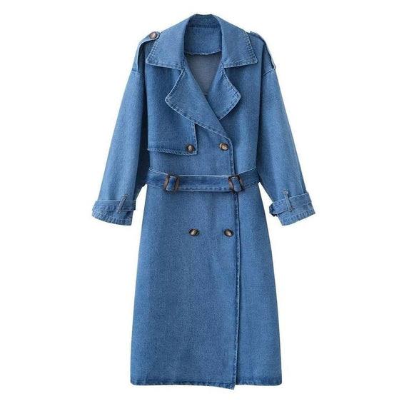 Denim Trench Coat With Adjustable Belt - Weriion