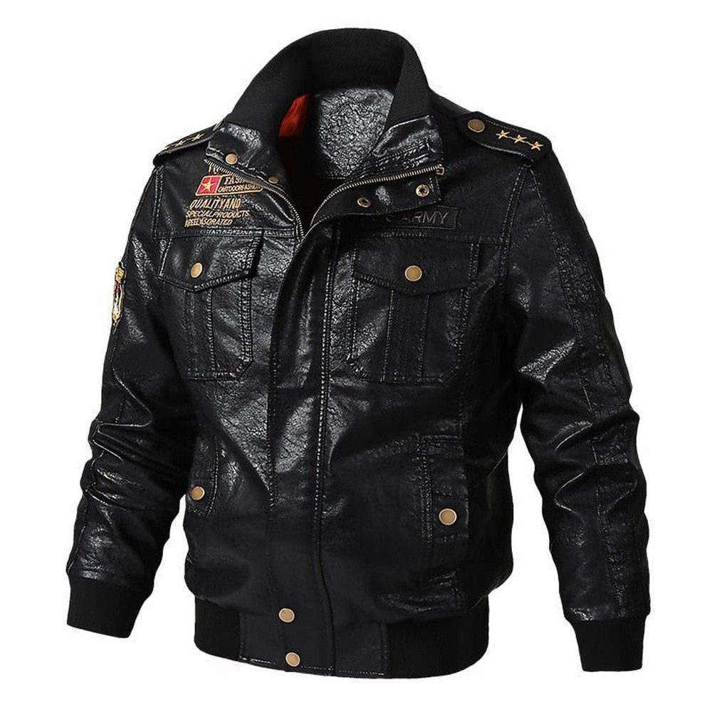 Faux Leather Windproof Autumn Military Bomber Jacket For Men - Weriion