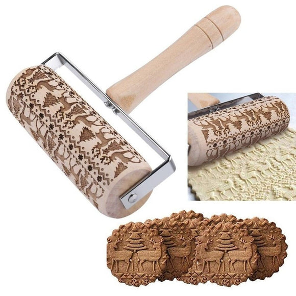 Hand Held Rolling Pin With Engraved Christmas Pattern - Weriion