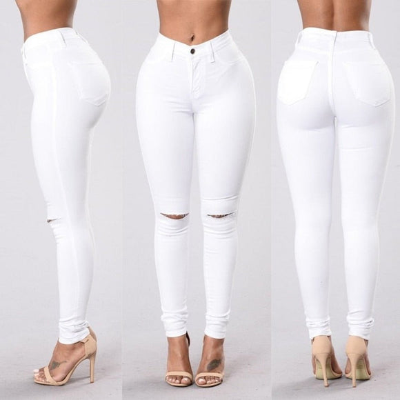 High Waist Ripped Slim Fit Jeans For Women - Weriion