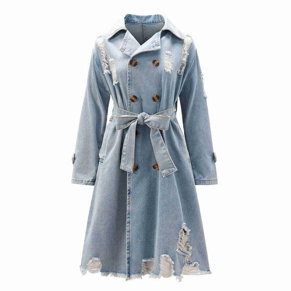 Hollow Out Denim Trench Coat For Women - Weriion