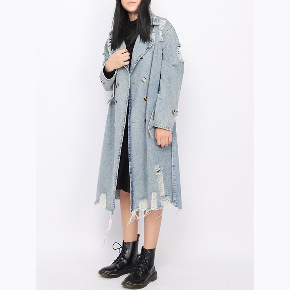 Hollow Out Denim Trench Coat For Women - Weriion