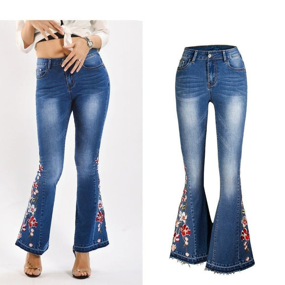 Jeans With Wide Leg Pants & Embroidered Flowers - Weriion