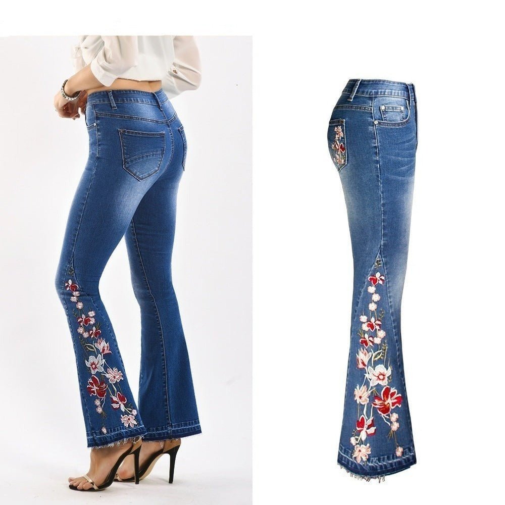 Jeans With Wide Leg Pants & Embroidered Flowers - Weriion