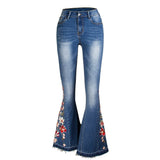 Jeans With Wide Leg Pants & Embroidered Flowers - Weriion