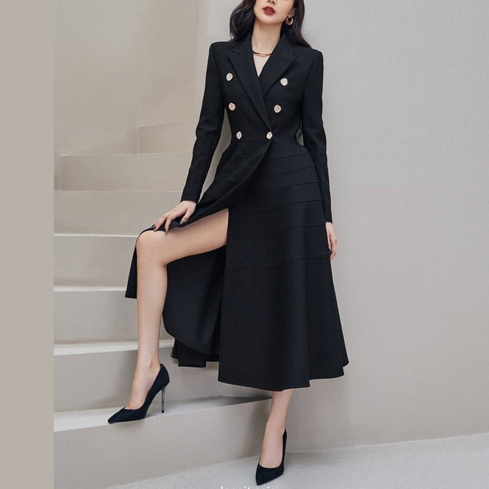 Long Polyester Coat With Rhinestone Buttons - Weriion