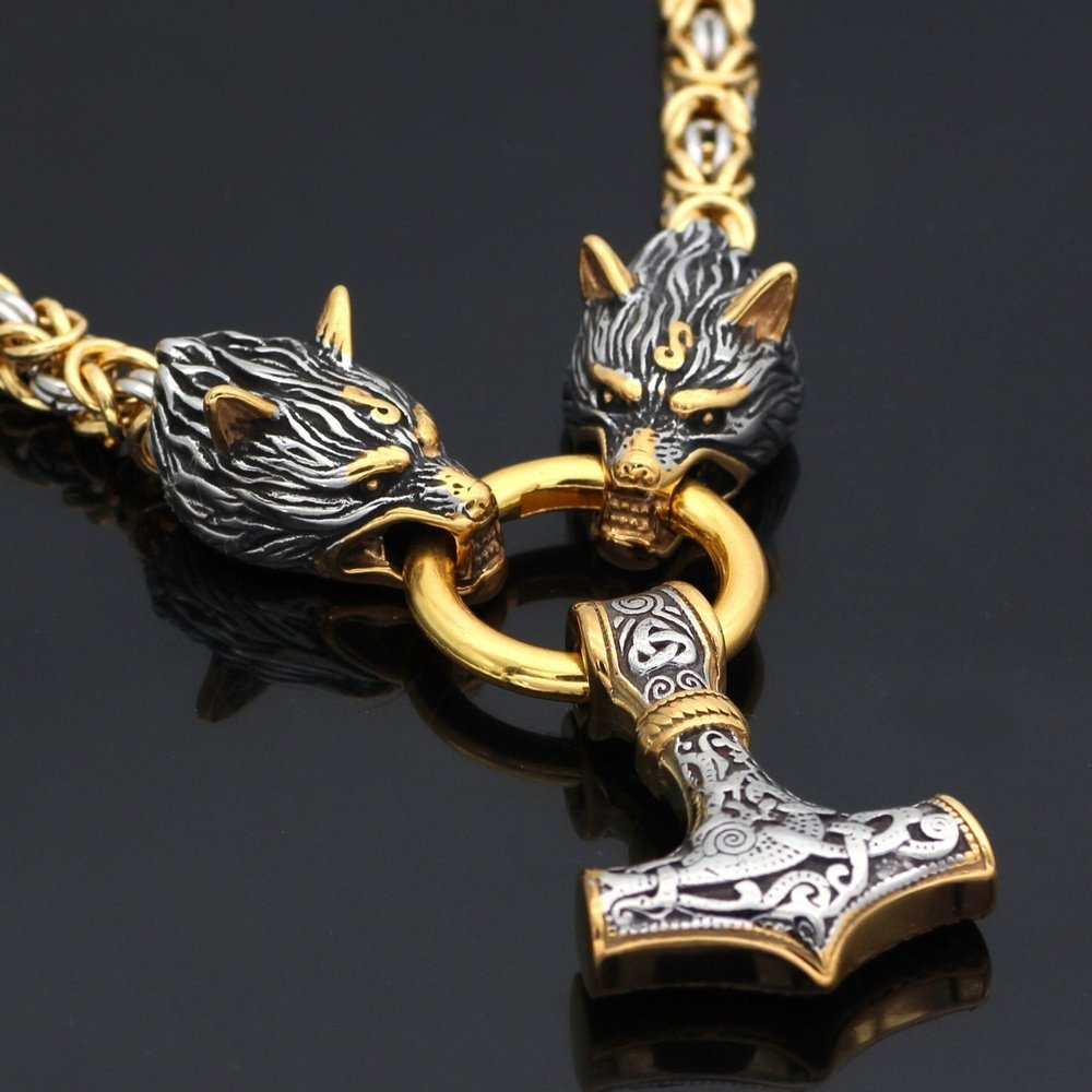 Men stainless steel Wolf head norse viking amulet thor hammer pendant necklace viking king chain - Weriion