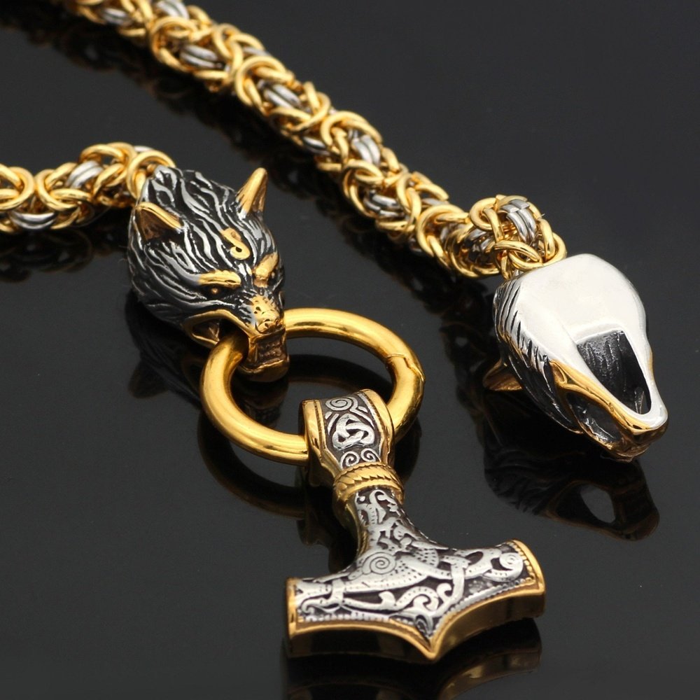 Men stainless steel Wolf head norse viking amulet thor hammer pendant necklace viking king chain - Weriion