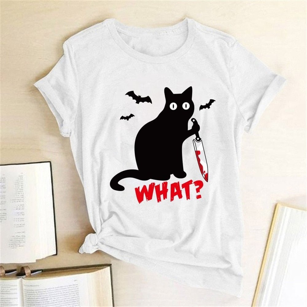 Murderous Black Cat With Knife Funny T-Shirt For Women - Weriion