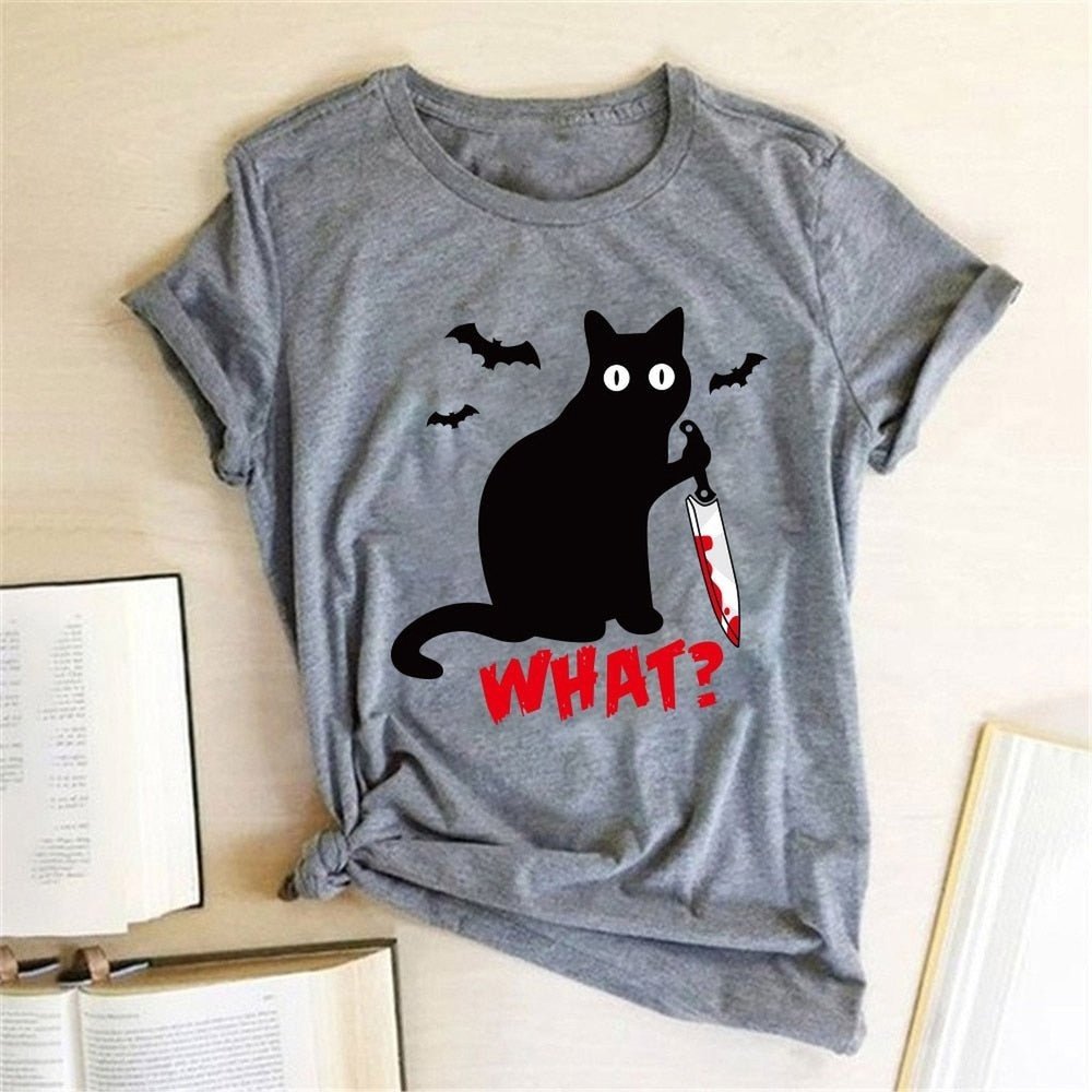 Murderous Black Cat With Knife Funny T-Shirt For Women - Weriion