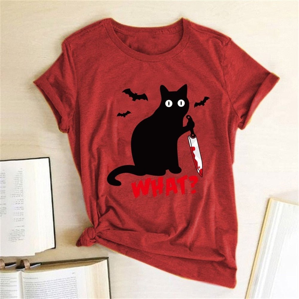 Murderous Black Cat With Knife Funny T-Shirt For Women - Weriion