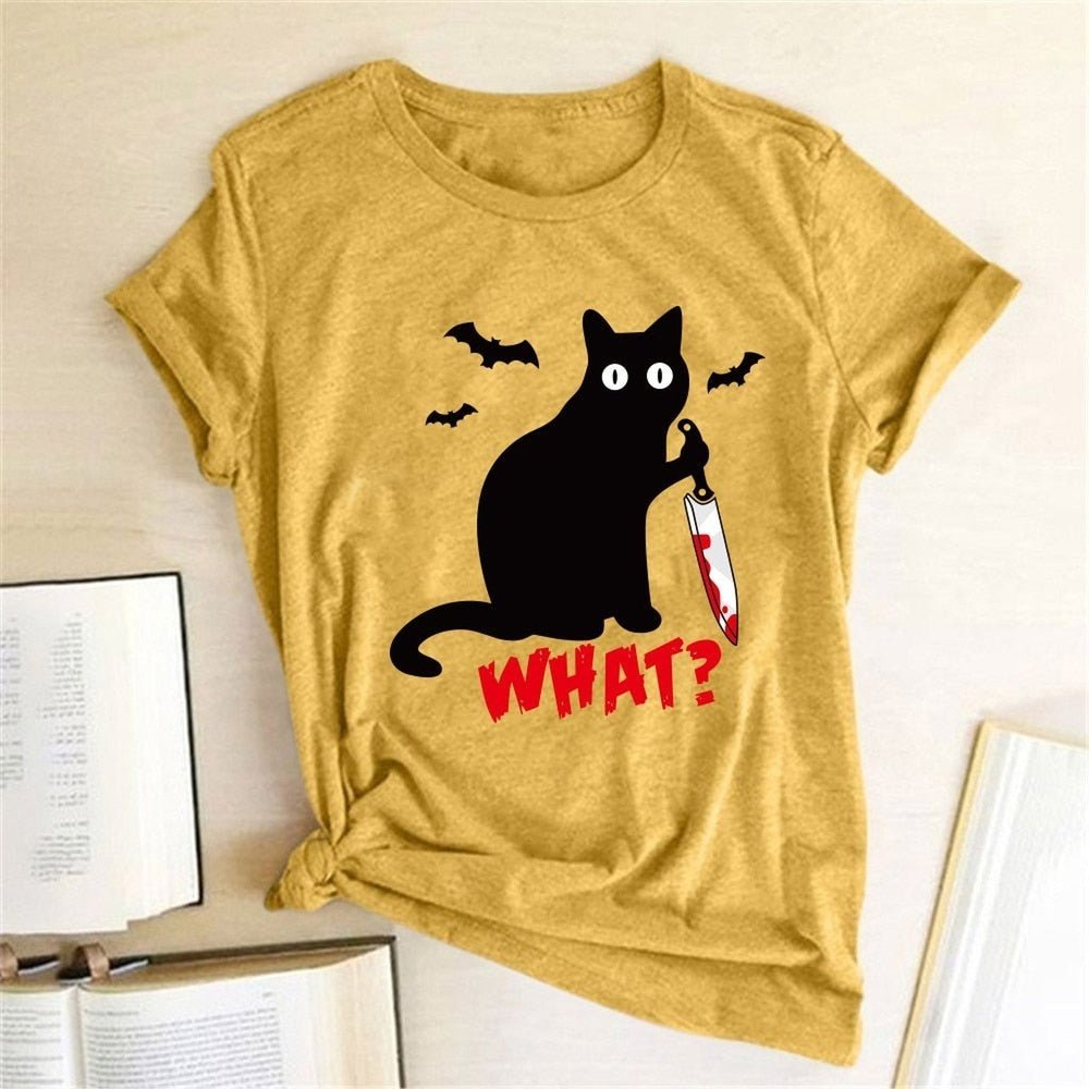 Murderous Black Cat With Knife Funny T-Shirt For Women - Weriion