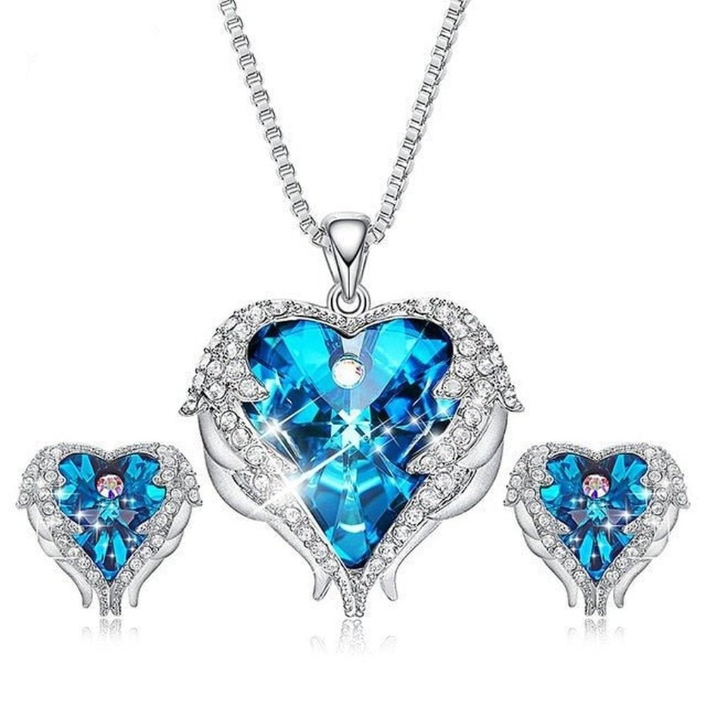 Necklace Earrings Purple & Blue Crystal Heart Shaped Jewelry Set For Women - Weriion