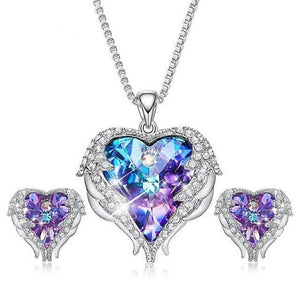 Necklace Earrings Purple & Blue Crystal Heart Shaped Jewelry Set For Women - Weriion