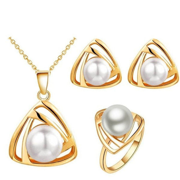 Necklace Earrings Ring Silver Jewelry Set With Simulated Pearls - Weriion