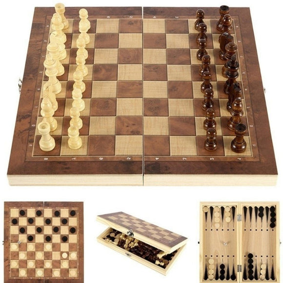 Portable Wooden Foldable Chess Board Set & Checkers & Backgammon Set With Chess Pieces And Carrying Case - Weriion