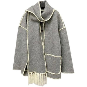 Soft Loose Fit Wool Coat With Scarf - Weriion