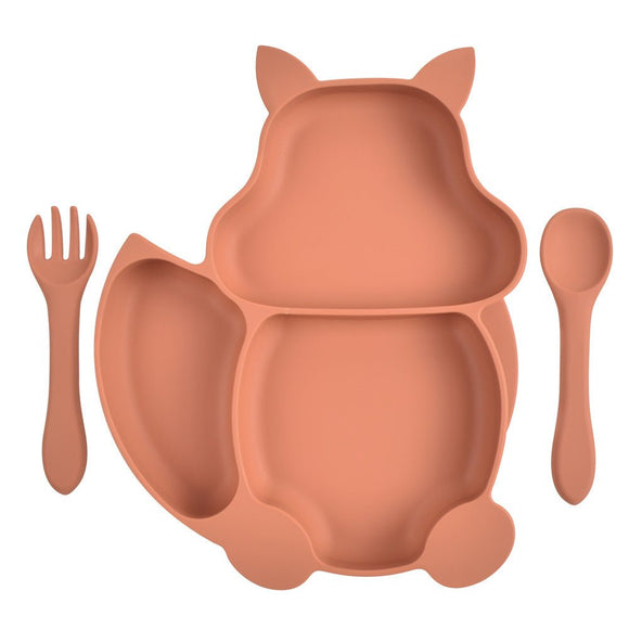 Squirrel Shaped Silicone Plate With Three compartments Spoon & Fork - Weriion