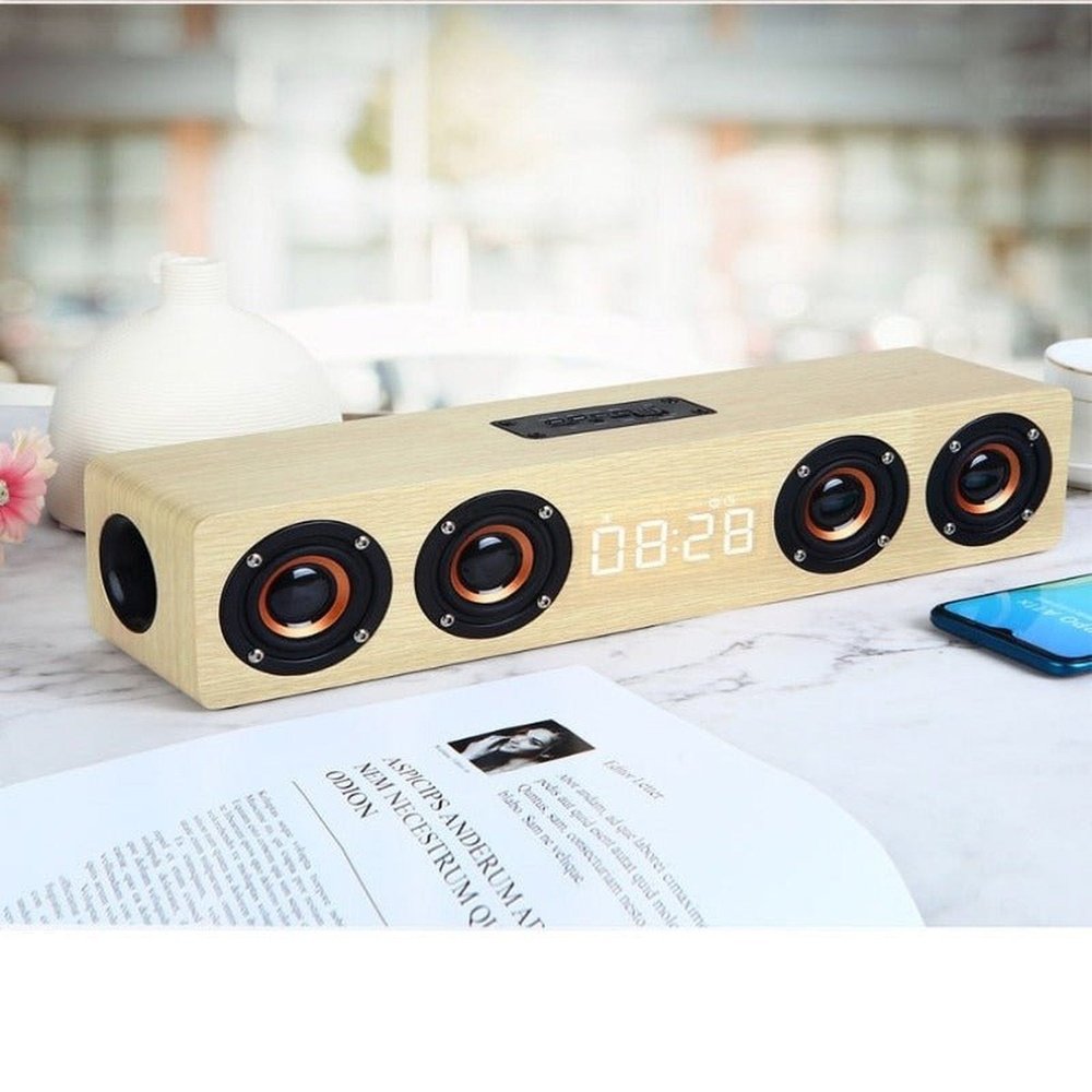 Wireless Portable Bluetooth Wooden Speaker With Alarm Clock Radio And Clock - Weriion