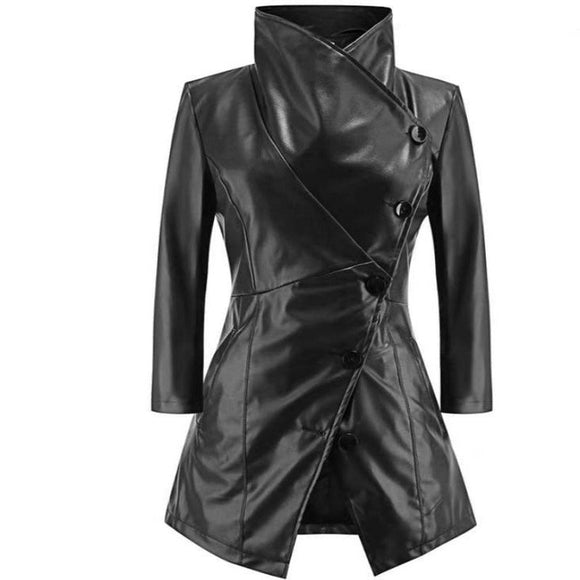 Women's Black PU Leather Coat - Weriion
