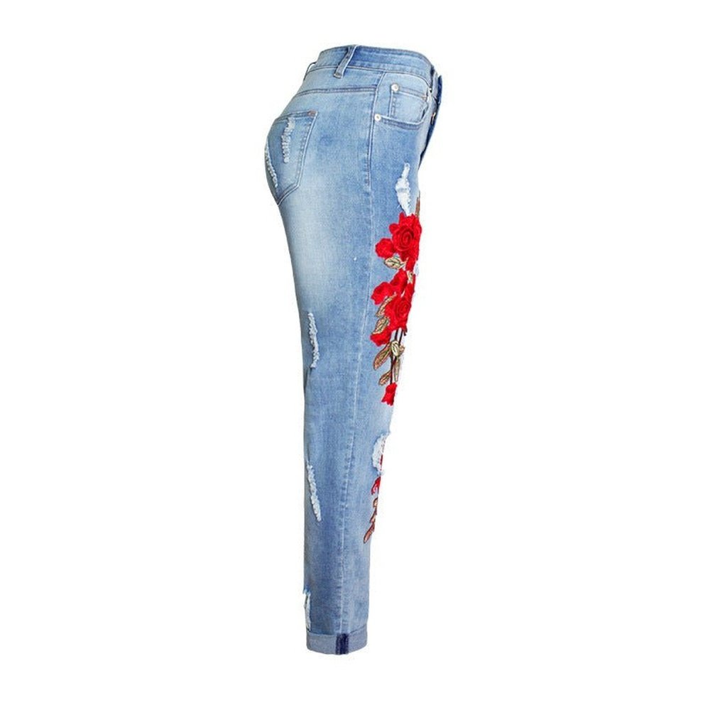 Women's Ripped Jeans With Embroidered Roses - Weriion