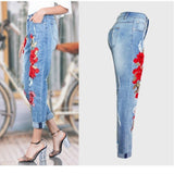 Women's Ripped Jeans With Embroidered Roses - Weriion