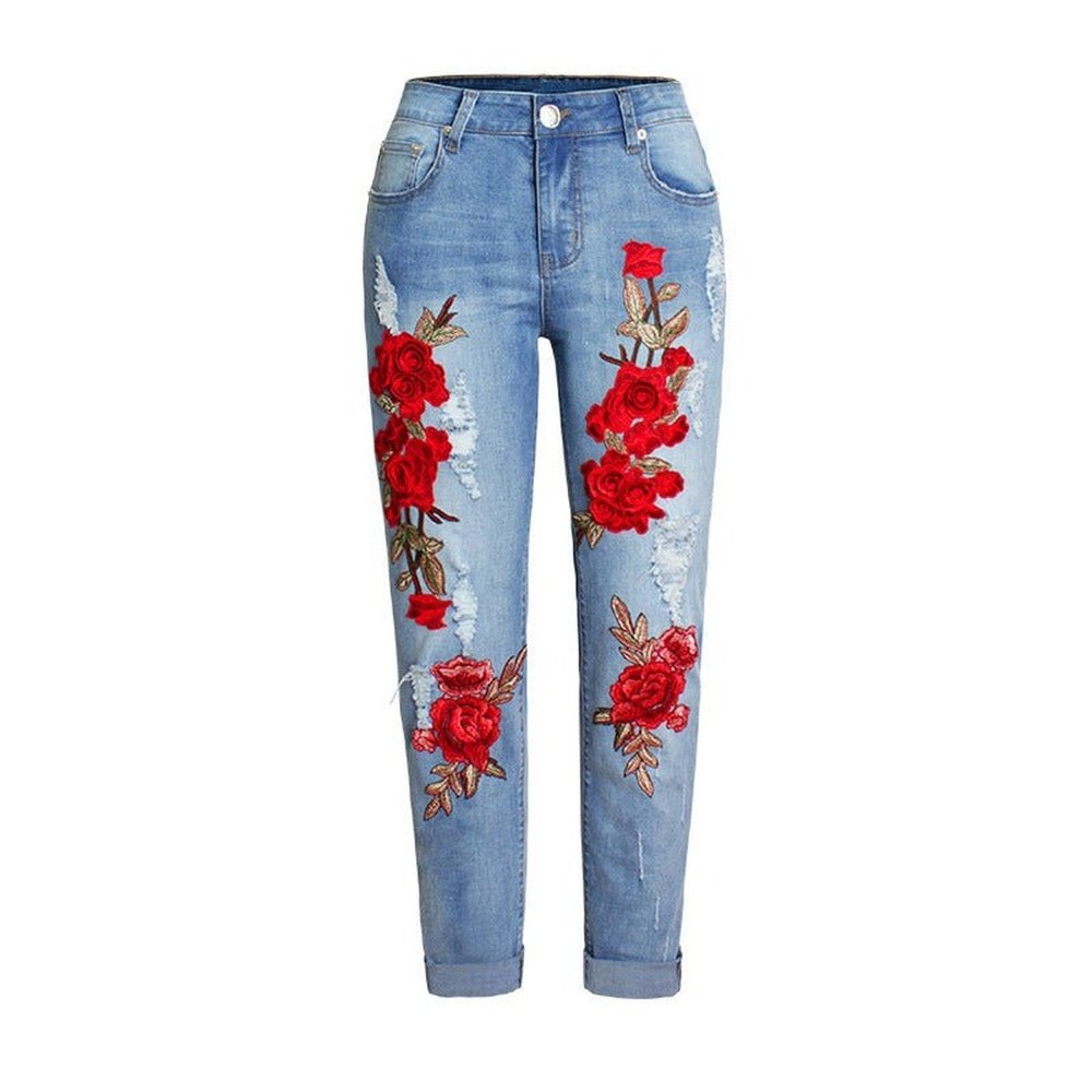 Women's Ripped Jeans With Embroidered Roses - Weriion