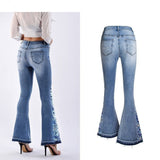 Women's Wide Leg Jeans With Embroidered Flowers - Weriion