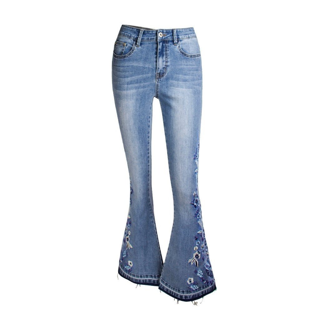 Women's Wide Leg Jeans With Embroidered Flowers - Weriion