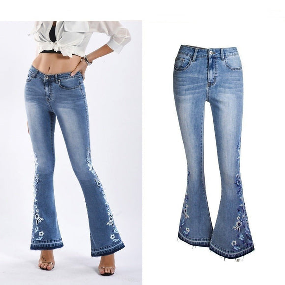 Women's Wide Leg Jeans With Embroidered Flowers - Weriion