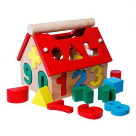 Wooden House With Blocks Of Different Geometric Shapes And Number Blocks - Weriion